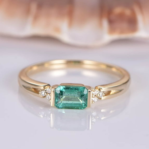 Natural emerald engagement ring solid 14k yellow gold 4x5mm emerald cut natural stone diamond band east to west style ring promise
