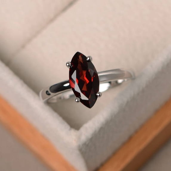 Natural garnet ring, wedding ring, red gemstone, solitaire ring, January birthstone ring, marquise cut gemstone