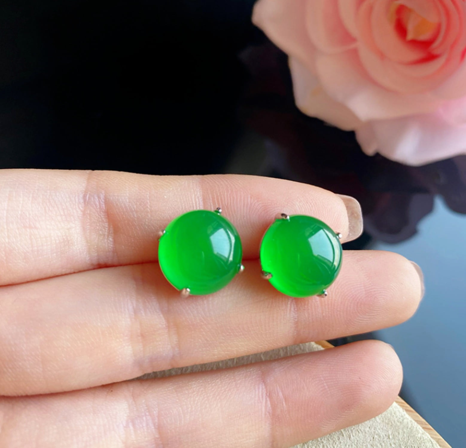 Green Jade Stud Earrings For Women - Natural Jade Flower, S925 Silver Posts, Gift Box 3 thumbnail image