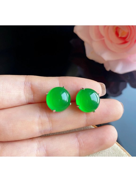 Natural green jade round bead stud earrings 10mm -