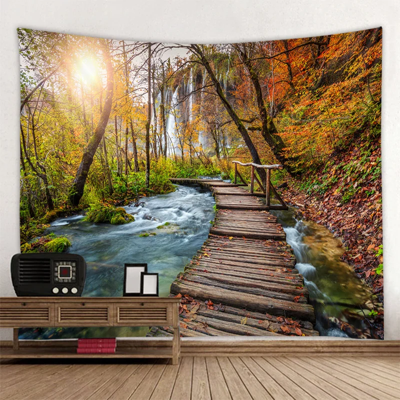 Natural landscape large tapestry wall hanging waterfall forest wooden