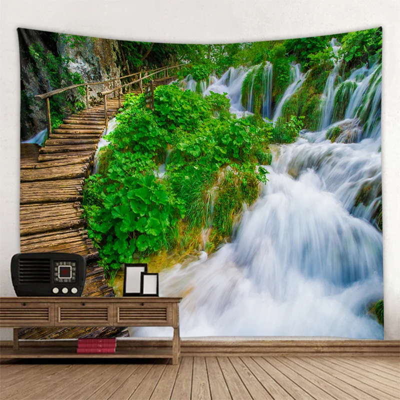 Natural landscape large tapestry wall hanging waterfall forest wooden