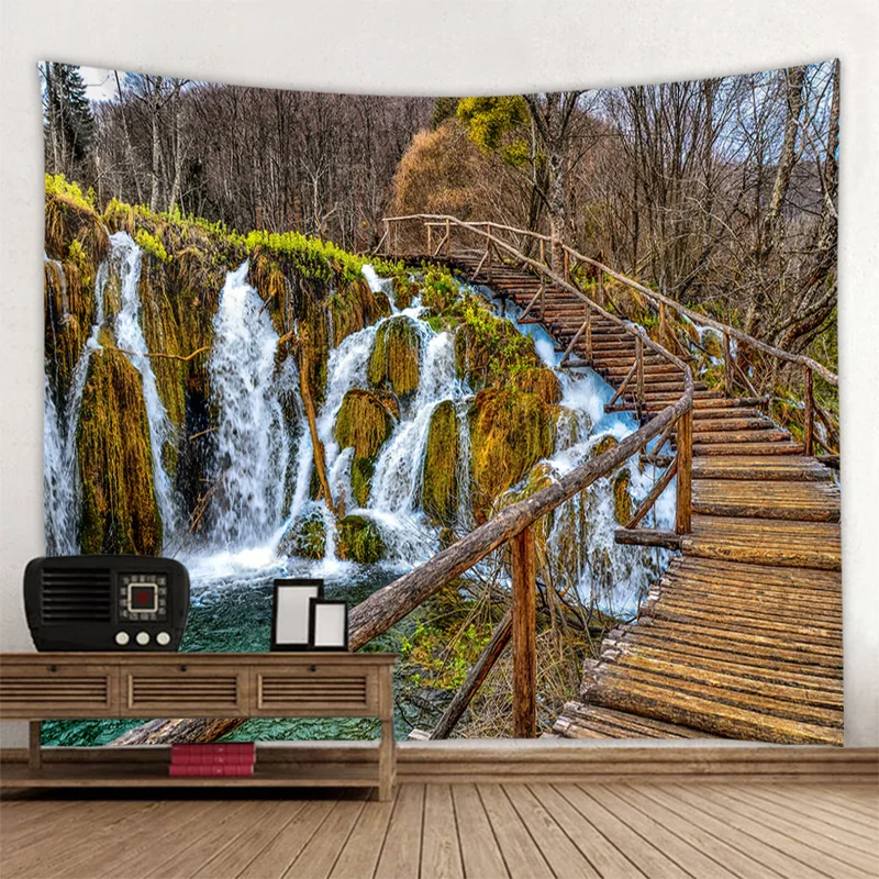 Natural landscape large tapestry wall hanging waterfall forest wooden