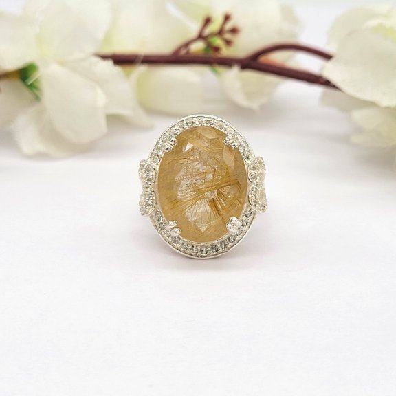 PILWALS Oval Golden Rutile Engagement Rings 925 Sterling, Gift for her