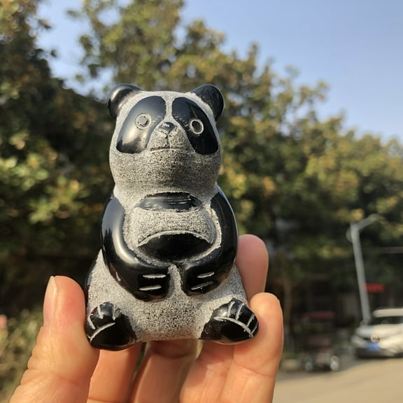 Natural obsidian stone carved cute sitting panda holding a ball statue Nice gift for her reikii healing stone table ornament garden decor