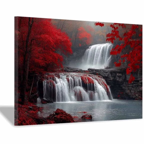 Natural scenery wall art, Red Maple Forests Waterfall, decorative painting, wall art, for Living Room Bathroom Bedroom Kitchen Decoration, Framed Ready to Hang - 18"L x 12"W