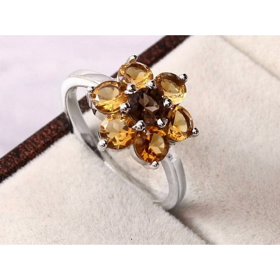 Natural smoky quartz Citrine ring sunflower round cut unique engagement ring 925 silver November birthstone Citrine Ring Anniversary Gifts.