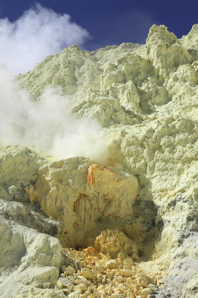 Natural sulphur deposits damaged by miners Kawah Ijen volcano Java Indonesia Canvas Art - Richard RoscoeStocktrek Images (23 x 35)