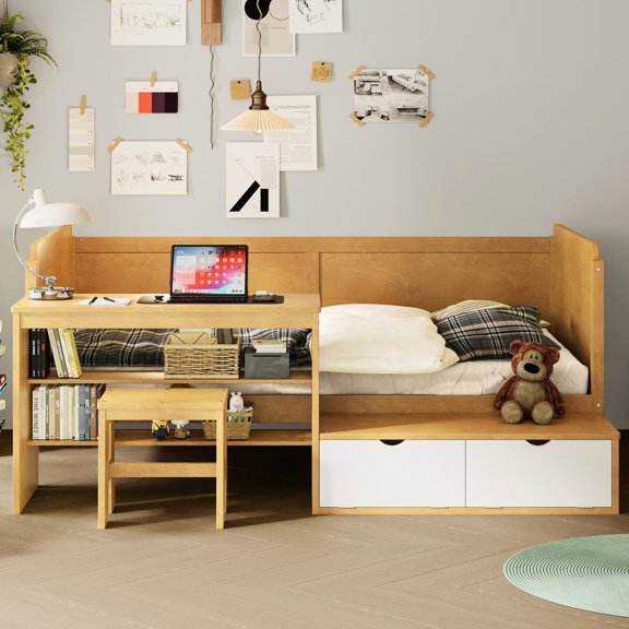 Natural - toned wood | Allows for study, sleep and storage | An efficient and cozy room arrangement