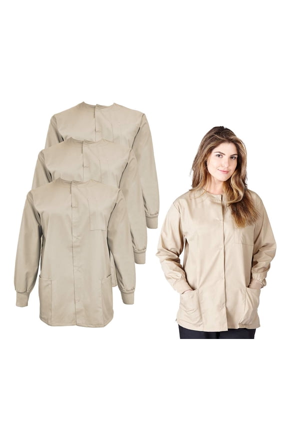 Women's Scrub Jacket Warm Up Lightweight Medical Scrub Jacket - Pack of 3 Set (Khaki, Large)