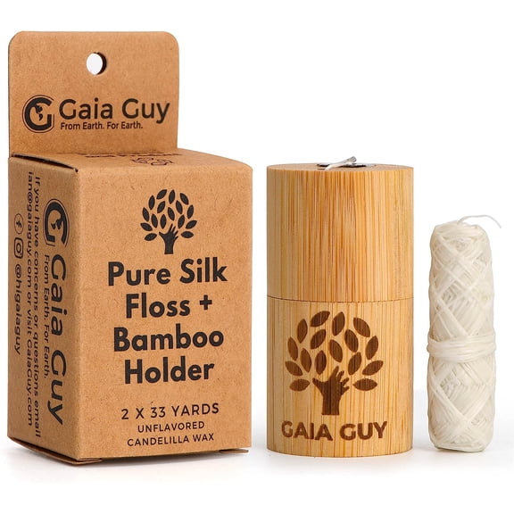Natural unscented silk floss, comes with floss refills and reusable bamboo floss holder | 233 yards compostable pure silk waxed, uses plant wax | Plastic-free packaging