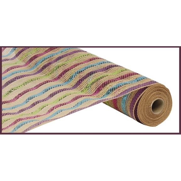 Natural with Metallic Easter Stripe Poly Jute Deco Mesh, 21 inches x 10 yards