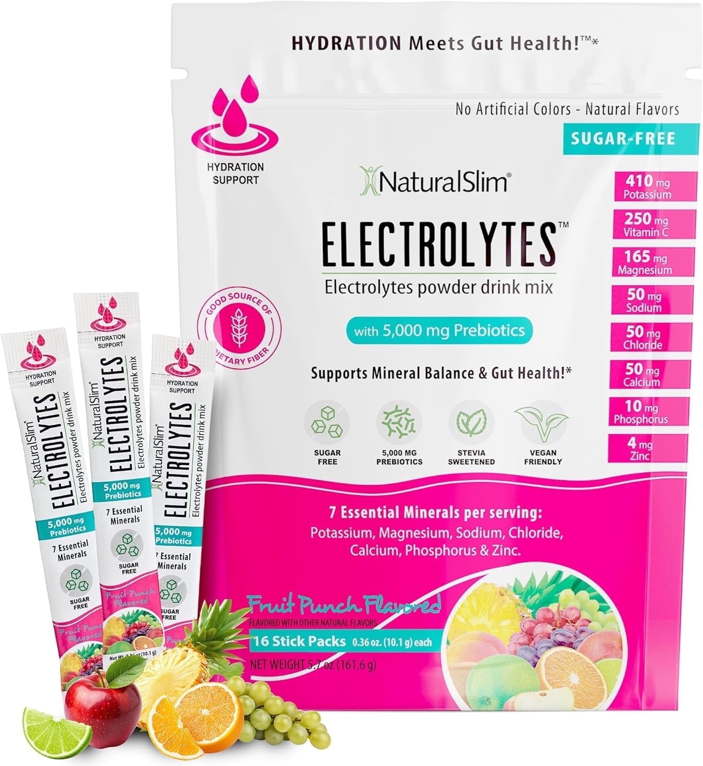 NaturalSlim Electrolytes Powder, Sugar-Free Hydration & Energy Drink Mix with Prebiotics, Fruit Punch, 16 Stick Packs (5.7 oz)