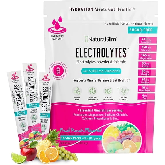 NaturalSlim Electrolytes Powder, Sugar-Free Hydration & Energy Drink Mix with Prebiotics, Fruit Punch, 16 Stick Packs (5.7 oz)