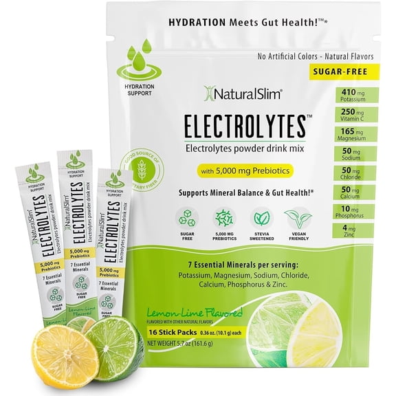 NaturalSlim Hydration & Energy Drink Mix with Prebiotics, Gut Health Support, Electrolytes Powder Packets, Sugar-Free Electrolytes, 16 Stick Packs, Lemon Lime Flavored