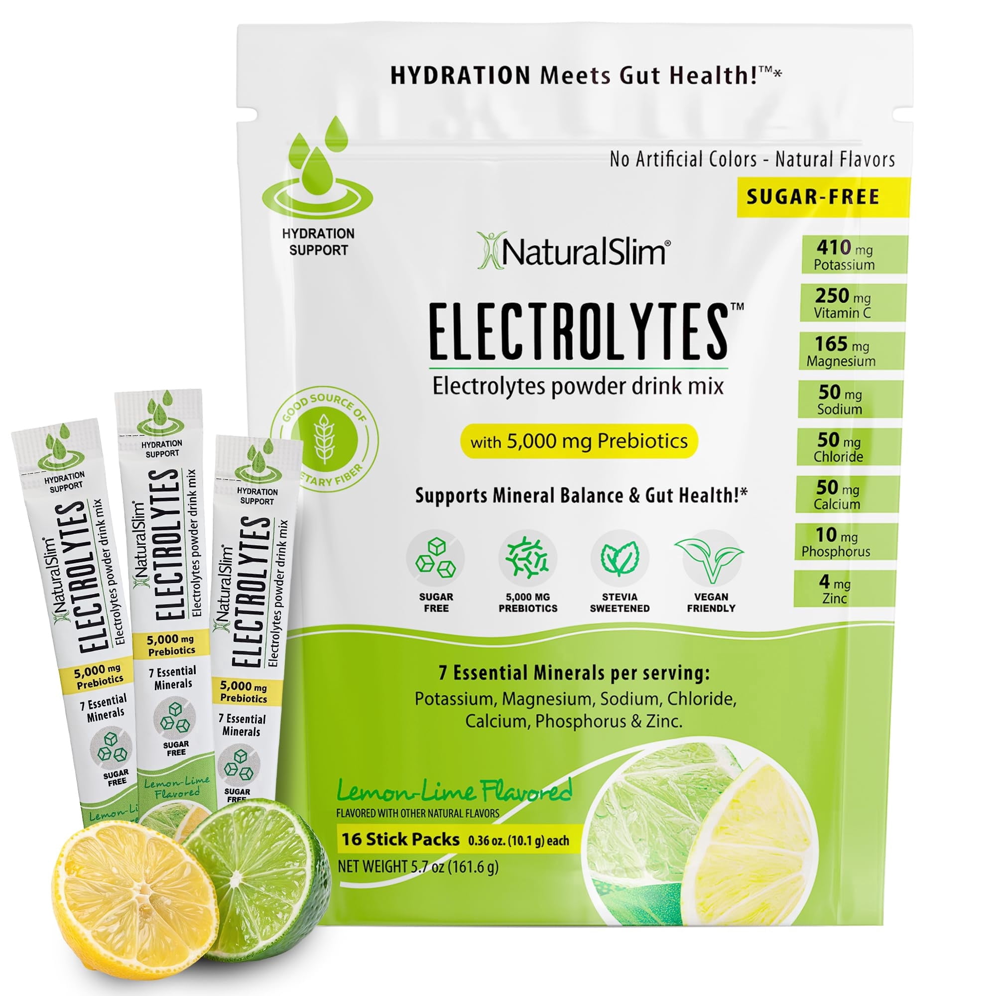 NaturalSlim Electrolytes Powder, Sugar-Free Hydration & Energy Drink Mix with Prebiotics, Lemon Lime, 16 Stick Packs (5.7 oz)