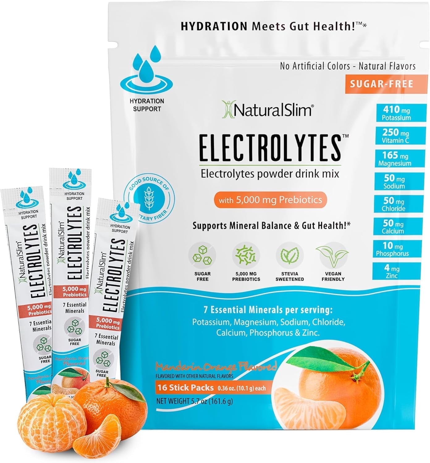 NaturalSlim Electrolytes Powder, Sugar-Free Hydration & Energy Drink Mix with Prebiotics, Mandarin Orange, 16 Stick Packs (5.7 oz)