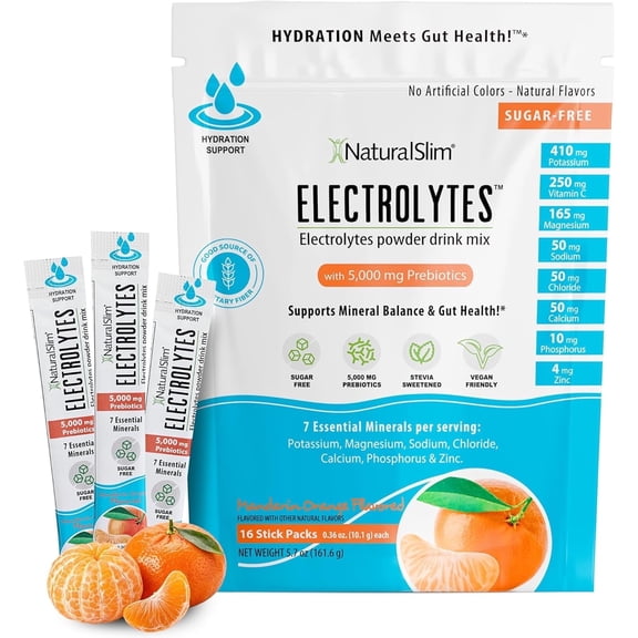 NaturalSlim Electrolytes Powder, Sugar-Free Hydration & Energy Drink Mix with Prebiotics, Mandarin Orange, 16 Stick Packs (5.7 oz)