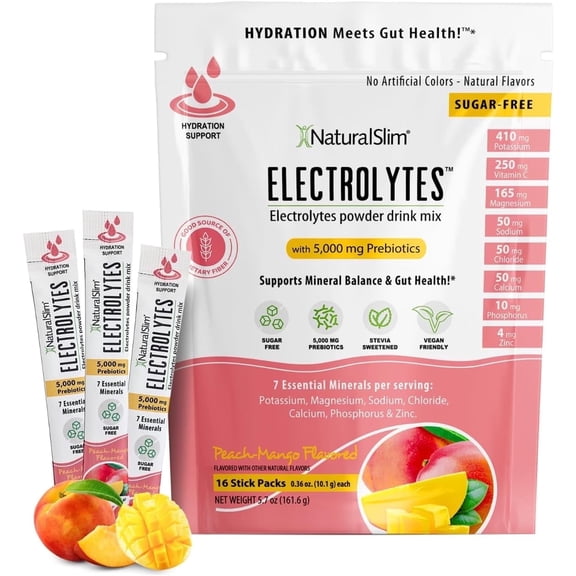NaturalSlim Electrolytes Powder, Sugar-Free Hydration & Energy Drink Mix with Prebiotics, Peach Mango, 16 Stick Packs (5.7 oz)