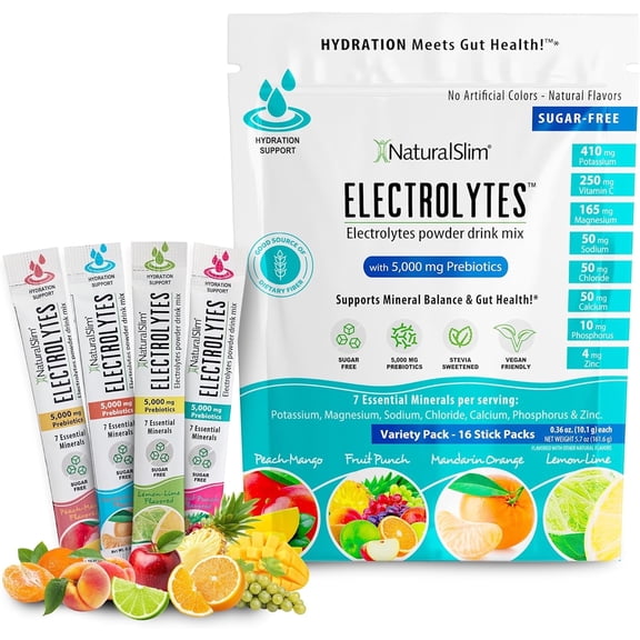 NaturalSlim Electrolytes Powder, Sugar-Free Hydration & Energy Drink Mix with Prebiotics, Variety Pack, 16 Stick Packs (5.7 oz)