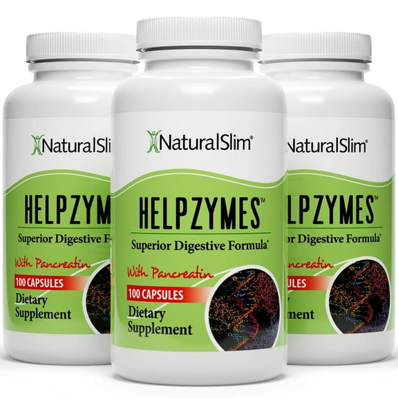 NaturalSlim Helpzymes w/ HLC Acid & Pancreatin - 3 Pack Digestive Enzymes, 100 Capsules