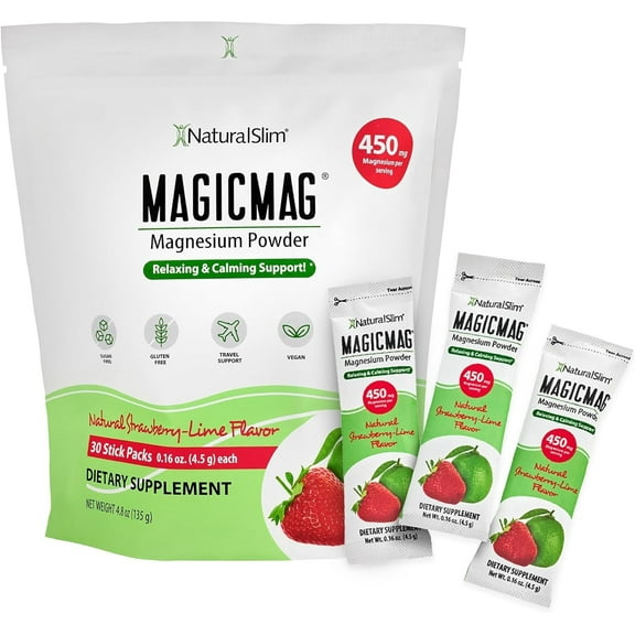 NaturalSlim MagicMag Magnesium Citrate Powder Stick for Stress, Sleep & Mood Support, 30 Packets