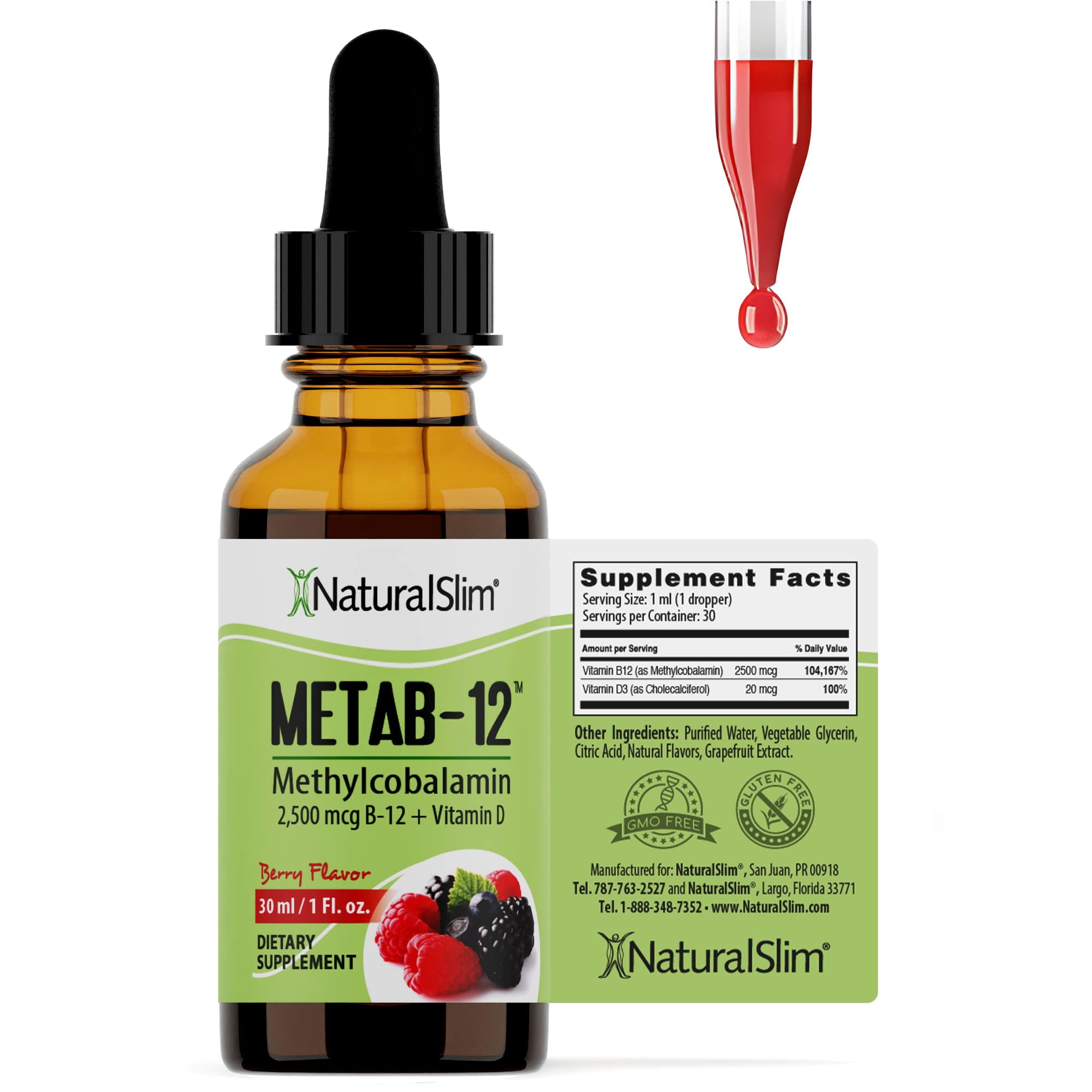 NaturalSlim Metab-12® Vitamin B12 Liquid Drops with Vitamin D, Berry ...