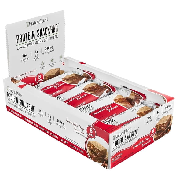 NaturalSlim Protein Bars with Ashwagandha & Turmeric - High Protein Snacks Sweetened with Monkfruit & Stevia - Low Carb, Low Calorie Snacks, 8 Bars per Box (8 Bars, One Box, Chocolate Chip Brownie)