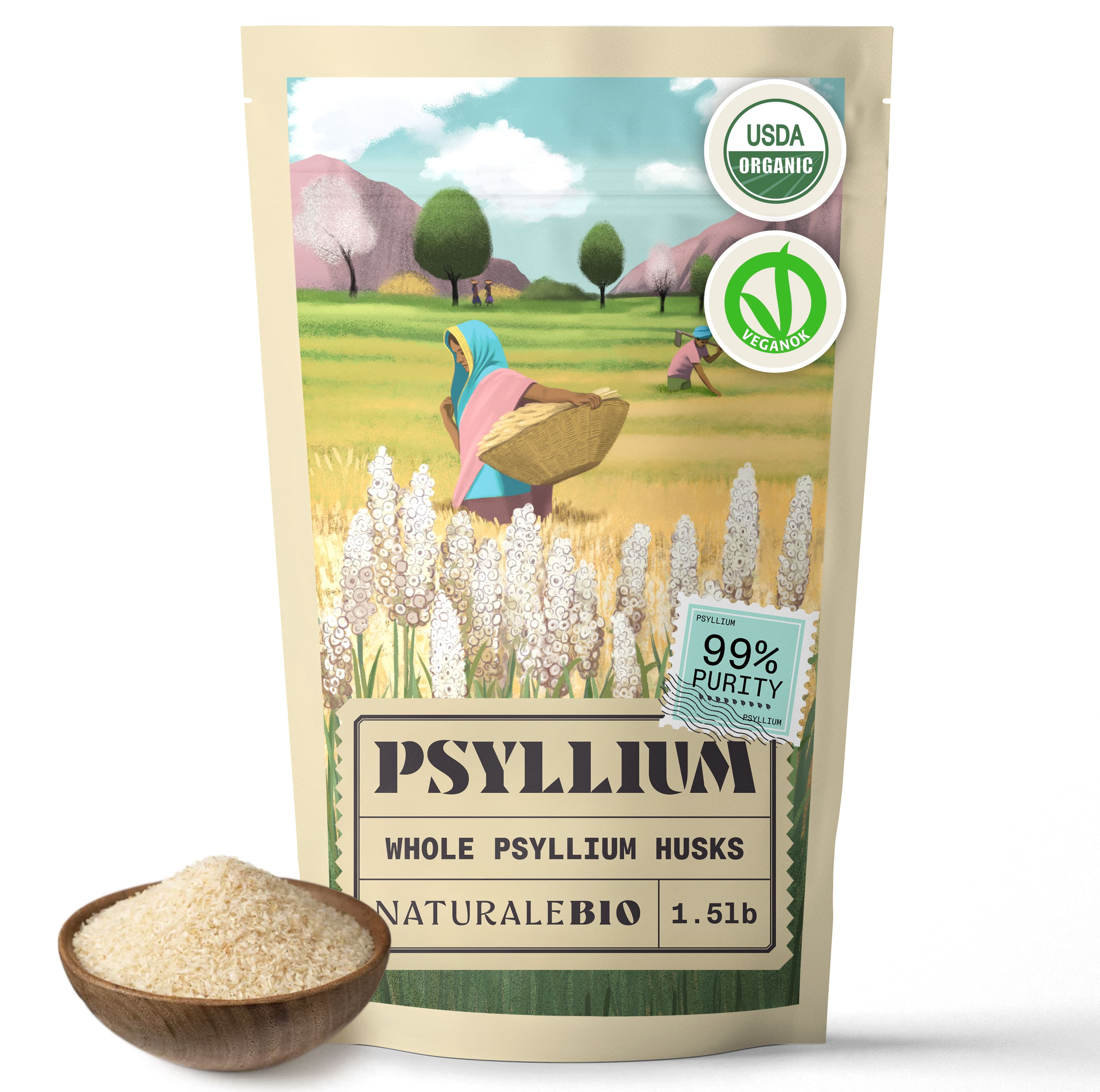 NaturaleBio Organic Psyllium Husk 1.5 lb | Pure Fiber Herbal Supplement | 99% Purity, Natural, Vegan