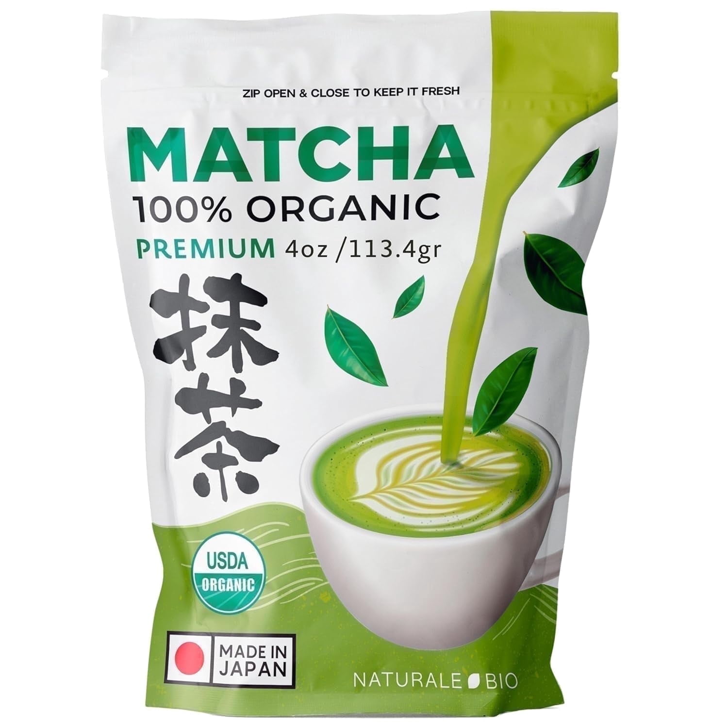 NaturaleBio Organic Matcha Green Tea Powder USDA Organic, Gluten-Free 4 oz