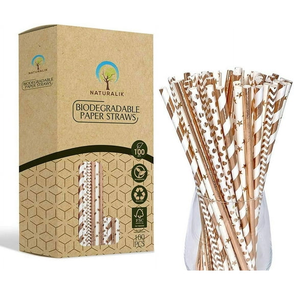 Naturalik 100-Pack Biodegradable Rose Gold Paper Straws- Extra Durable Rose Gold Drinking Straws- Striped/Wave/Heart/Star/Solid Gold Straws for Birthday, Wedding, Bridal/Baby Shower and Party Supplies