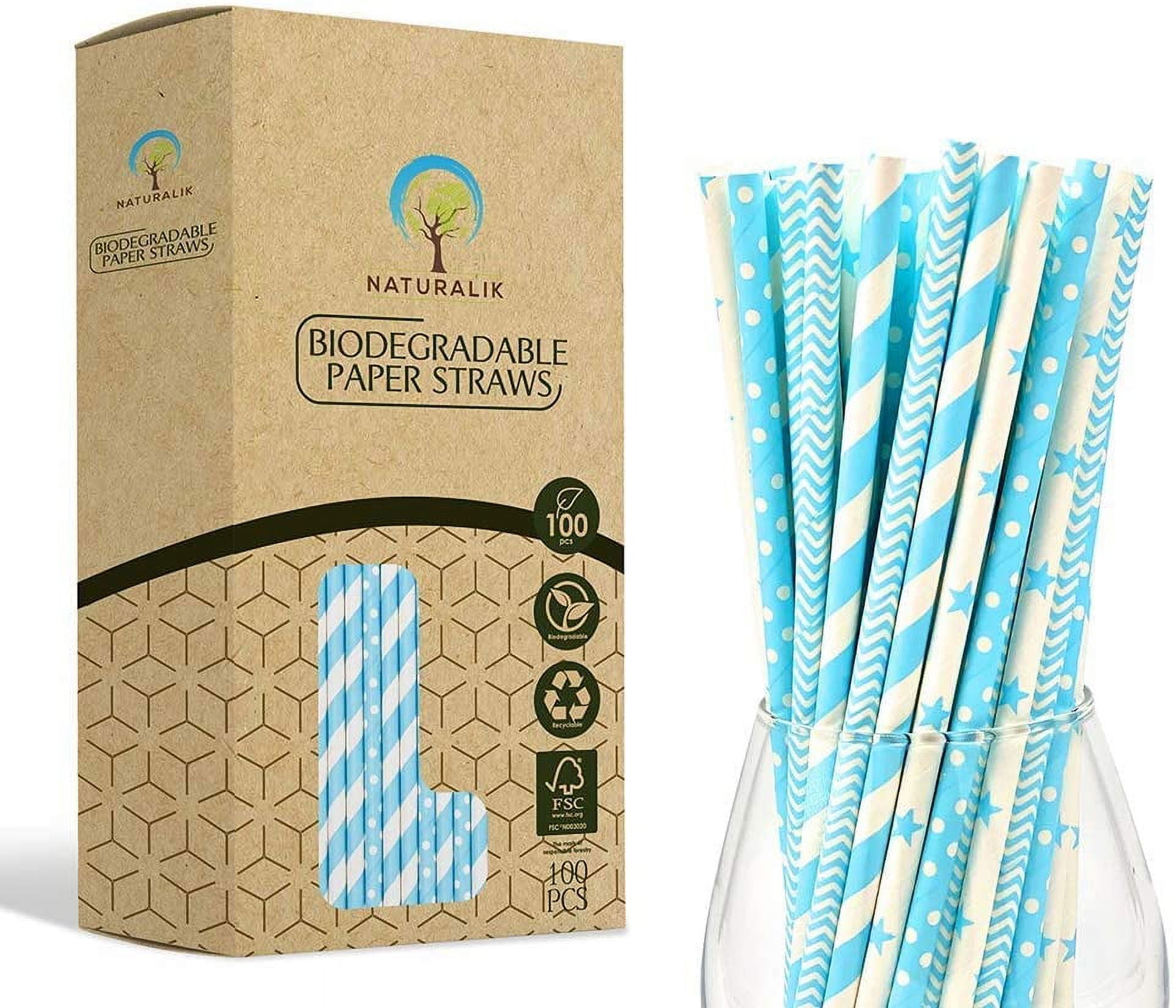 Naturalik 100-Pack Light Blue Biodegradable Paper Straws- Extra Durable Light Blue Paper Straws- Baby Shower decorations for boy, Birthday celebrations, gender reveal party supplies, Drinking Straws