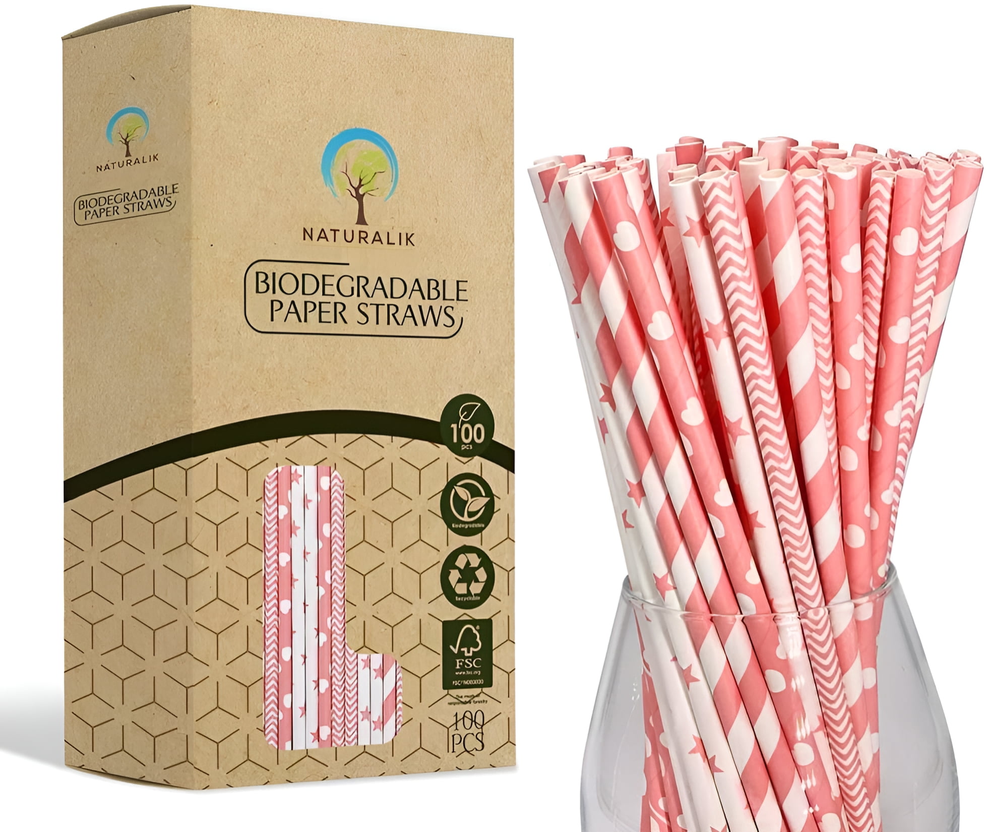Naturalik 100-Pack Light Pink Biodegradable Paper Straws- Extra Durable Light Pink Paper Straws- Baby Shower decorations for girl, Birthday celebrations, gender reveal party supplies, Drinking Straws