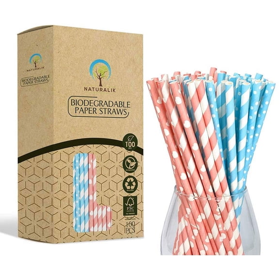 Naturalik 100-Pack Light Pink and Blue Biodegradable Paper Straws- Extra Durable- Baby Shower decorations for boy girl, gender reveal party supplies, birthday party straws, Pink Blue Paper Straws