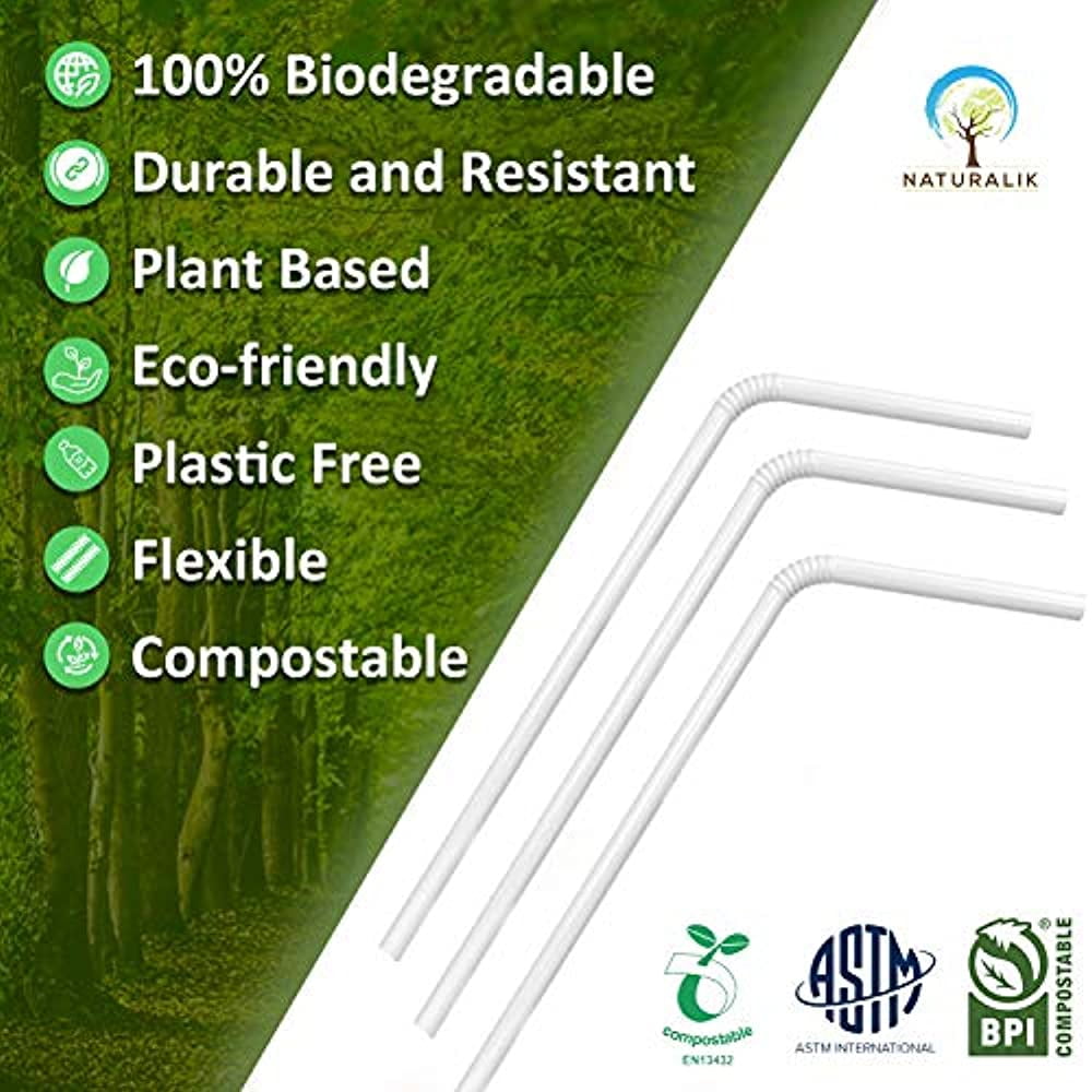 Naturalik 250 Pack Biodegradable Plant Based Straws 9" Long Straws 100 Compostable Flexible