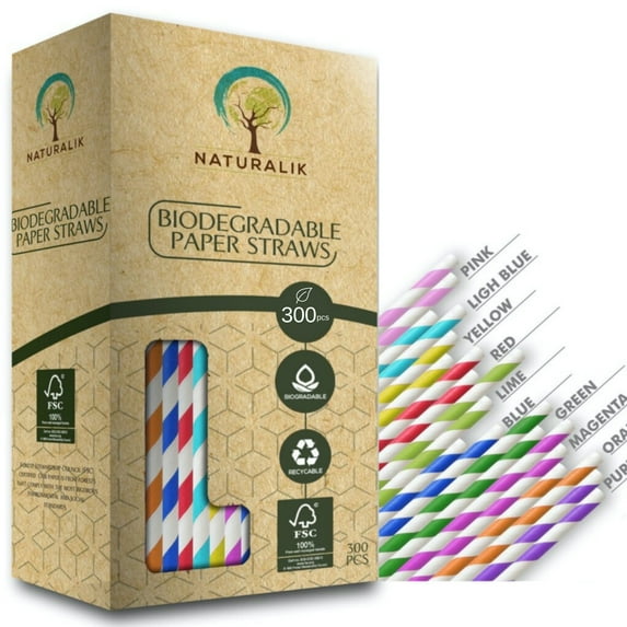 Naturalik 300-Pack Biodegradable Paper Straws 10 Assorted Colors - Premium Eco-Friendly Paper Straws Bulk- Drinking Straws for Juices, Smoothies, Restaurants and Party Decorations, 7.7" (Multi-Color)