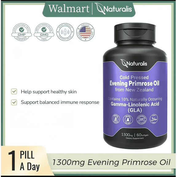 Naturalis Evening Primrose Oil (1300mg) with Naturally Occurring GLA(Gamma-Linolenic Acid)| 100% Natural from New Zealand | Cold Pressed | 60 Softgels