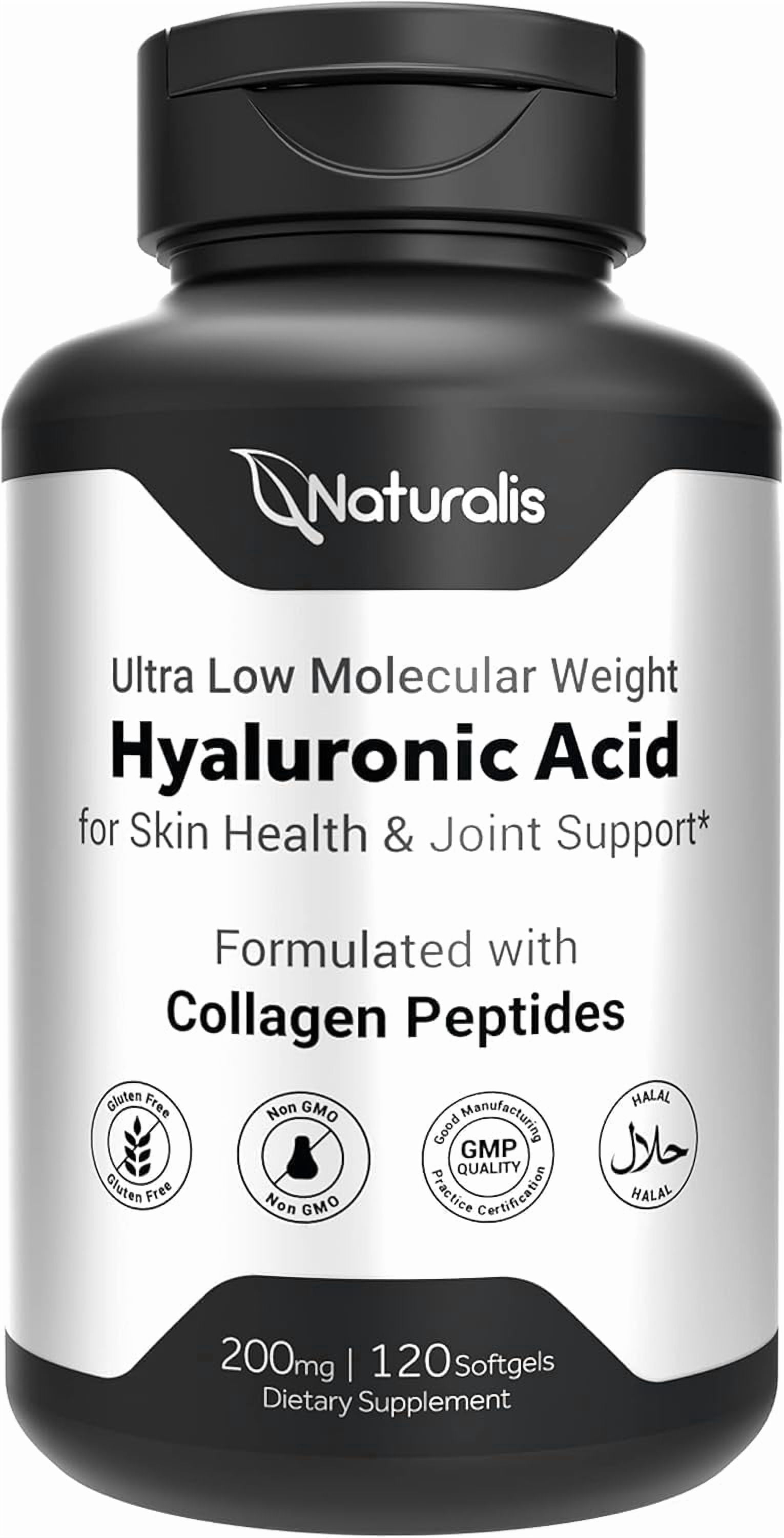 Naturalis Hyaluronic Acid 200mg, 10x Better Absorption Ultra Low Molecular Weight with Collagen, Biotin, Selenium & Vitamin E | Hair, Skin, Nails & Joint Supplements | 120 Softgels