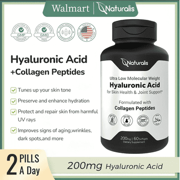 Hyaluronic Acid 200mg, 10x Better Absorption Ultra Low Molecular Weight with Collagen, Biotin, Selenium & Vitamin E | Hair, Skin, Nails & Joint Supplements | 60 Softgels
