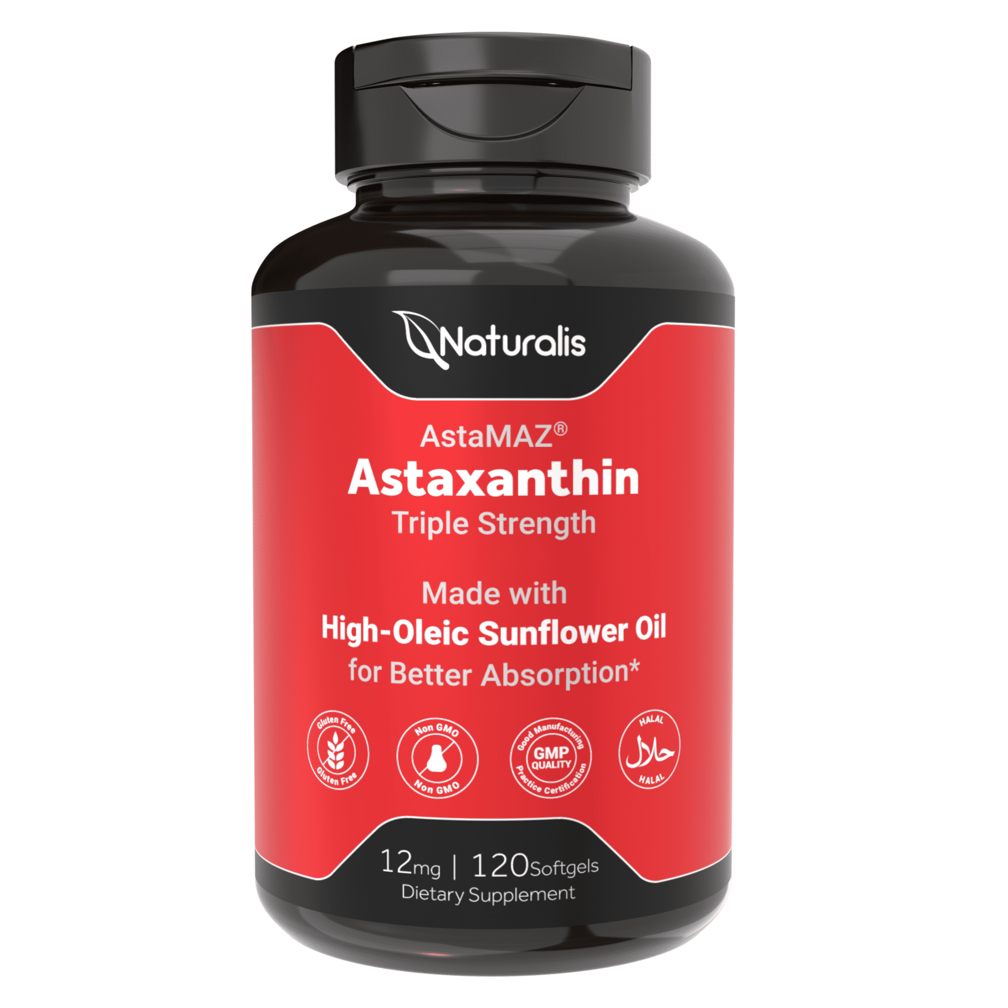 Naturalis New Zealand Astaxanthin (12mg) | Triple Strength with High-Oleic Sunflower Oil | Non-GMO, Soy & Gluten Free | 120 Softgels (4-Month Supply)