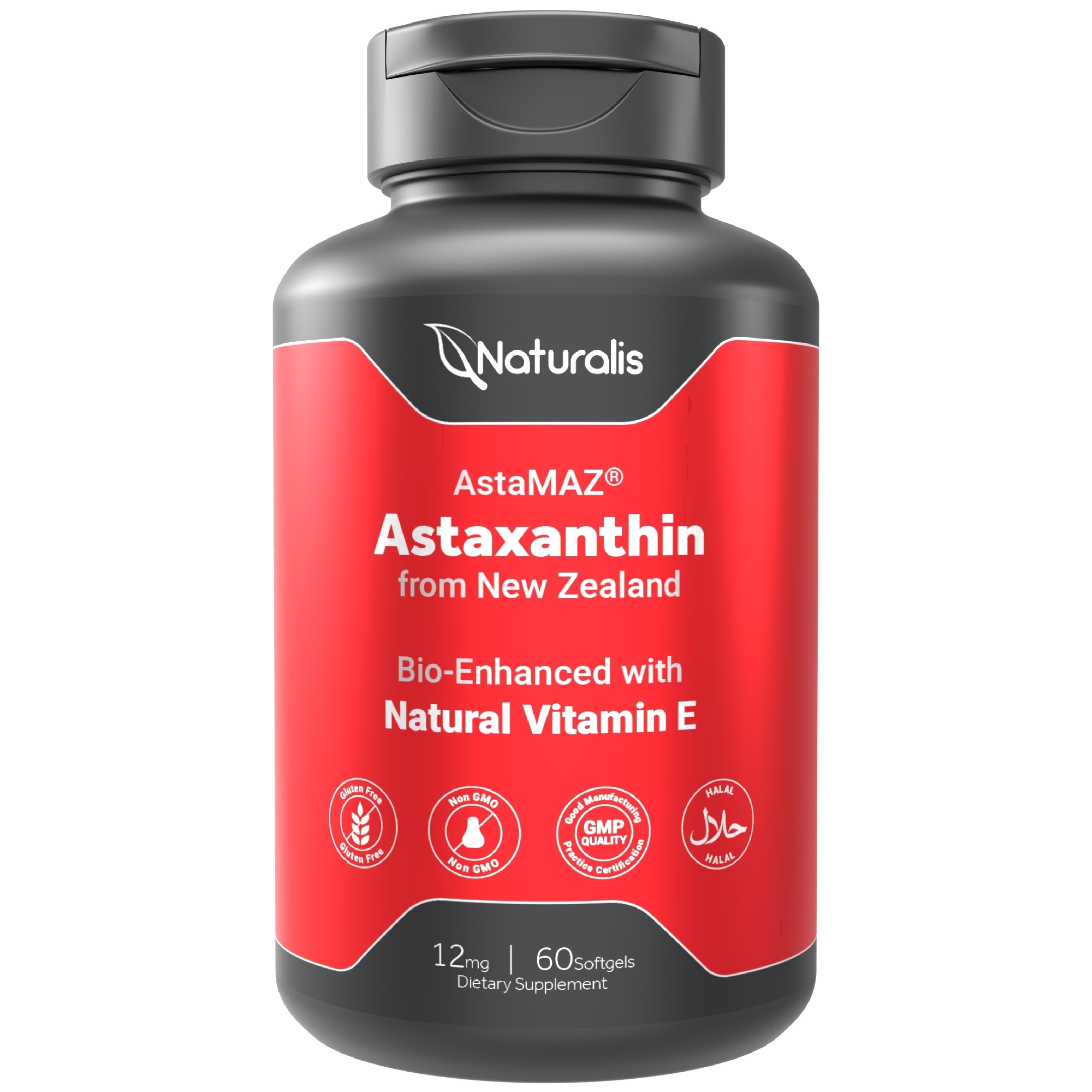 Naturalis New Zealand Astaxanthin (12mg) | Triple Strength with High-Oleic Sunflower Oil | Non-GMO, Soy & Gluten Free | 60 Softgels (2-Month Supply)