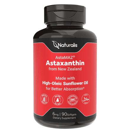 Naturalis New Zealand Astaxanthin (6mg) | High Potency with High-Oleic Sunflower Oil | Non-GMO, Soy & Gluten Free | 90 Softgels (3-Month Supply)