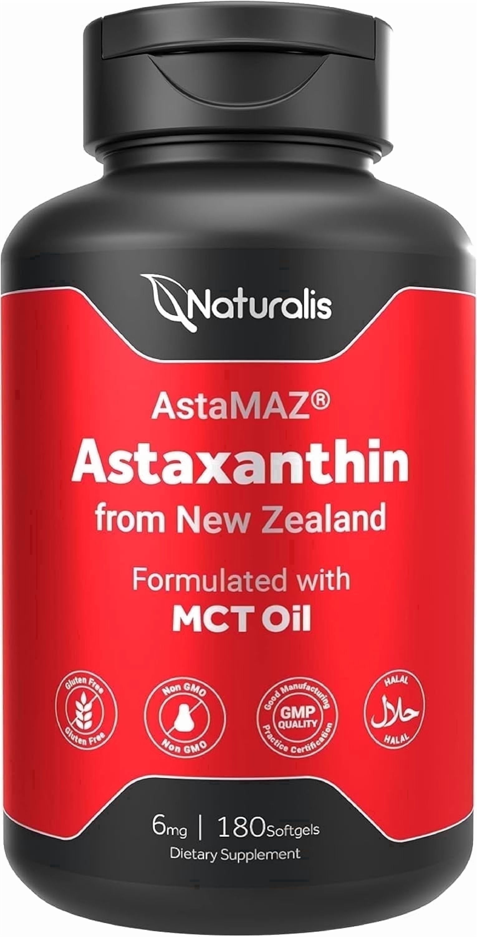 Naturalis New Zealand Astaxanthin (6mg) | High Potency with High-Oleic Sunflower Oil | Non-GMO, Soy & Gluten Free | 180 Softgels (6-Month Supply)