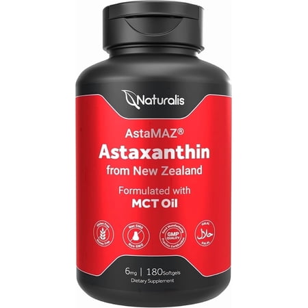 Naturalis New Zealand Astaxanthin (6mg) | High Potency with High-Oleic Sunflower Oil | Non-GMO, Soy & Gluten Free | 180 Softgels (6-Month Supply)