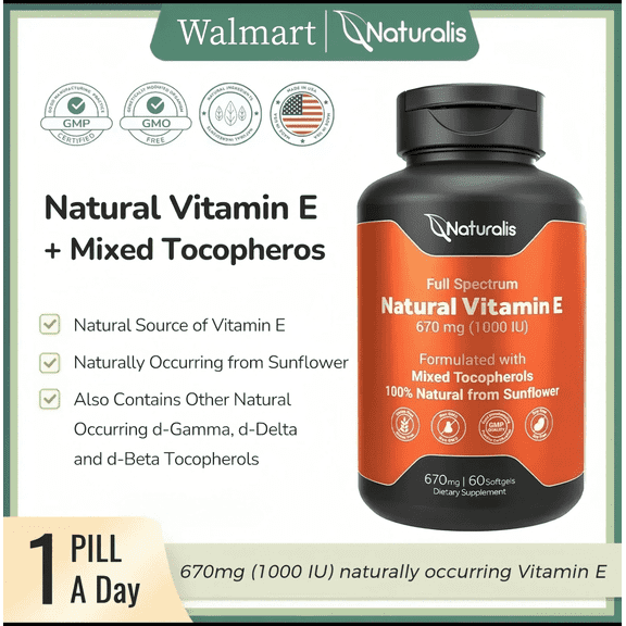Naturalis Sunflower Vitamin E 670mg (1000 IU)  | Essential Skin Vitamin & Immune Support | 60 Softgels