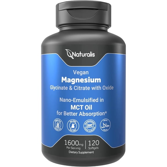 Naturalis Vegan Triple Magnesium Complex | Chelated Glycinate, Citrate & Oxide 1600mg Delivers 250mg Elemental Magnesium | Easily Absorbed for Stress, Muscle, Heart, Bone Support* | 120 Softgels