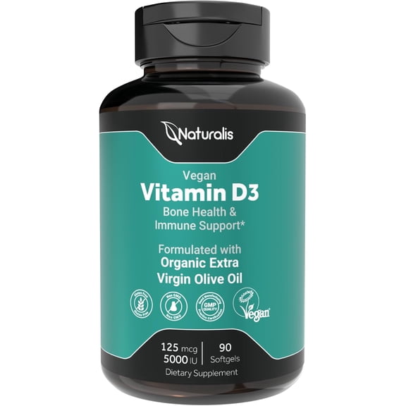 Naturalis Vegan Certified Vitamin D3 125mcg (5000IU) with AlgaeD3 | Vegan, Non-GMO, Soy & Gluten Free | Naturally Derived in New Zealand | Bone & Immune Support | 90 Softgels