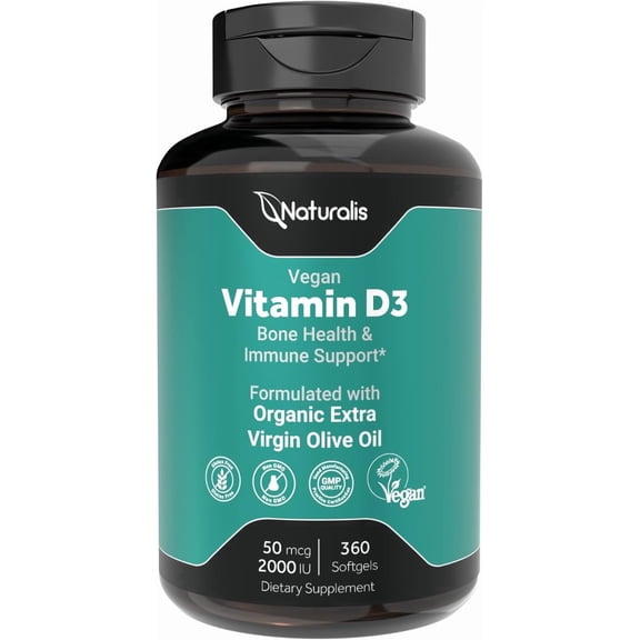 Naturalis Vegan Certified Vitamin D3 50mcg (2000IU) with AlgaeD3 | Vegan, Non-GMO, Soy & Gluten Free | Naturally Derived in New Zealand | Bone & Immune Support | 360 Softgels