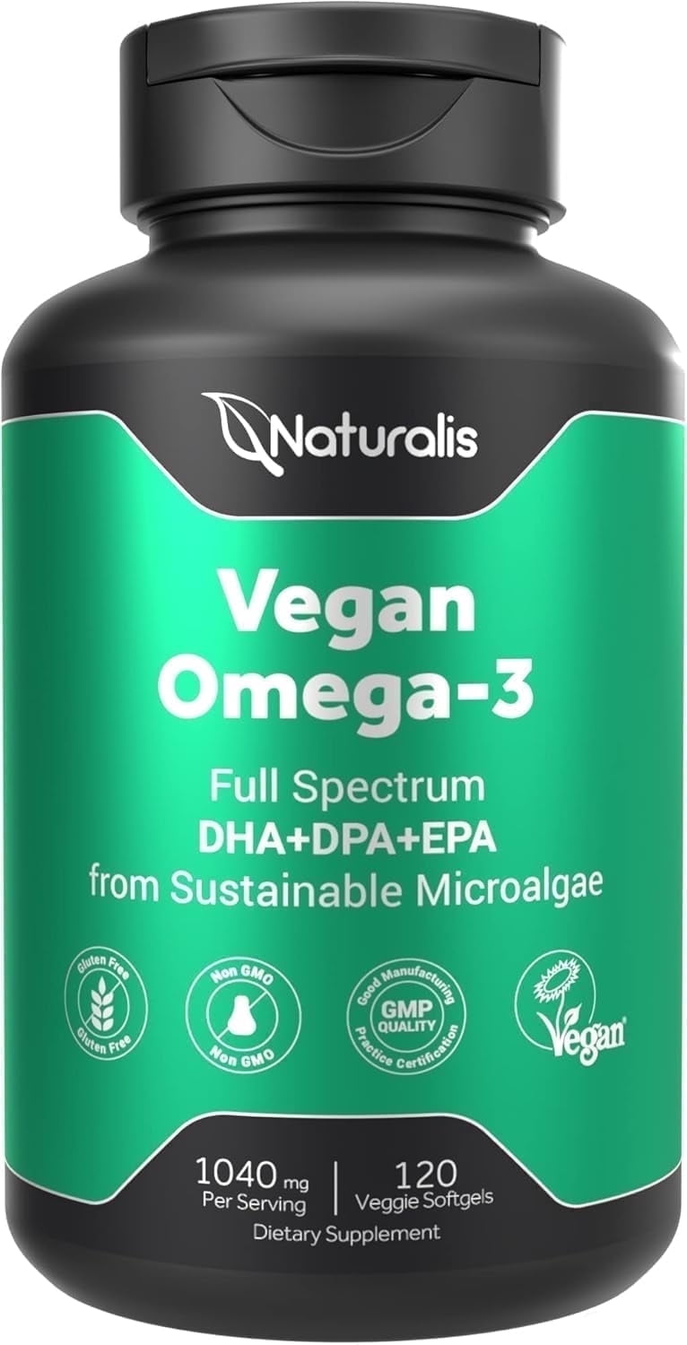 Naturalis【520mg Per Softgel】Vegan Omega 3 DHA, EPA & DPA from Algae | Vegan Society Certified, Sustainably Sourced, True Full Spectrum | 120 Veggie Softgels (Carrageenan Free)