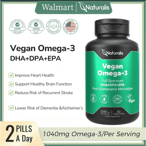 Naturalis【520mg Per Softgels】Vegan Omega 3 DHA, EPA & DPA from Algae | Vegan Society Certified, Sustainably Sourced, True Full Spectrum | 60 Veggie Softgels (Carrageenan Free)